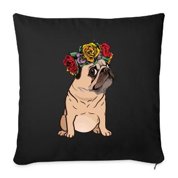Couronne florale de carlin - chemise drôle de carlin - Housse de coussin décorative 45 x 45 cm - noir - Devant