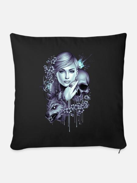 Tatouage de loup Skull Girl - Housse de coussin décorative 45 x 45 cm - noir