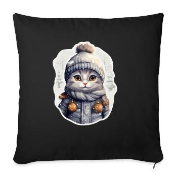 Chat avec chapeau, écharpe et veste d’hiver - Housse de coussin décorative 45 x 45 cm - noir - Devant