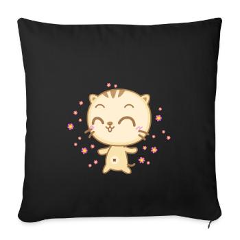 Nette Anime Katze mit Blumen die vom Himmel regnen - Sofakissenbezug 45 x 45 cm - Schwarz - Vorne
