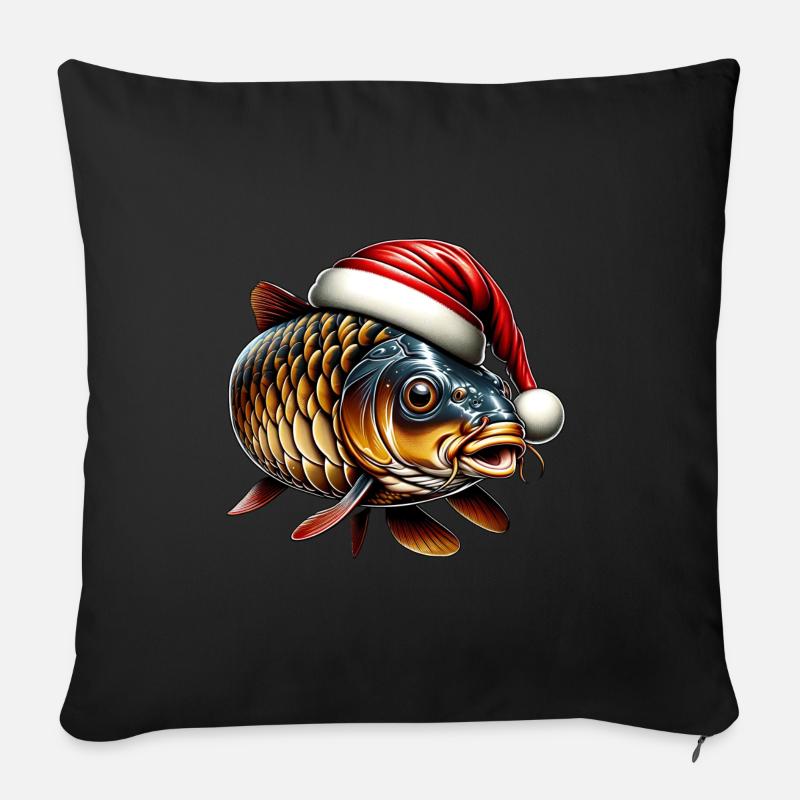 Carpe festive avec chapeau de père Noël - Housse de coussin décorative 45 x 45 cm - noir