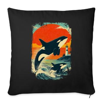 Orca Whale Family Lighthouse Vintage Sunset - Sofa pillowcase 17,3'' x 17,3'' (45 x 45 cm) - black - Front