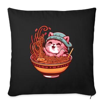 Chat Kawaii avec bol de Ramen - Housse de coussin décorative 45 x 45 cm - noir - Devant