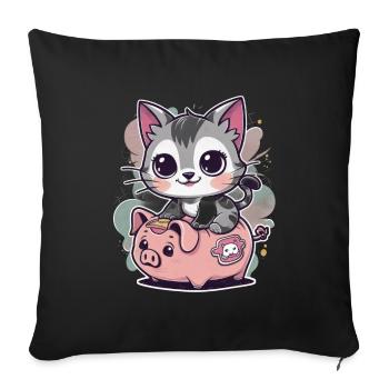 Kawaii Cat with Piggy Bank - Sofa pillowcase 17,3'' x 17,3'' (45 x 45 cm) - black - Front