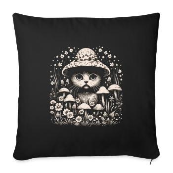 Chat, cottagecore, champignons - Housse de coussin décorative 45 x 45 cm - noir - Devant