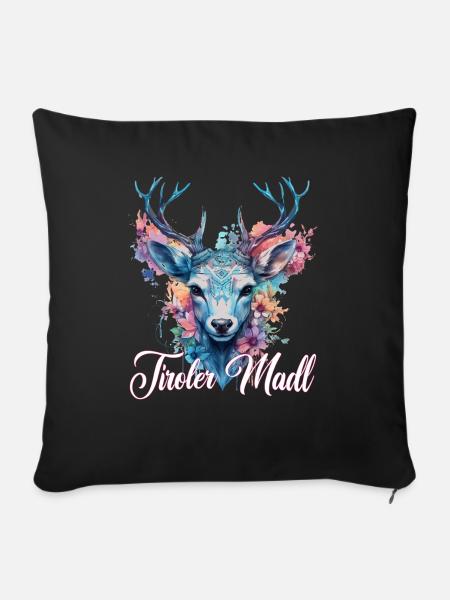 Tiroler Madl mit Hirsch - Sofakissenbezug 45 x 45 cm - Schwarz