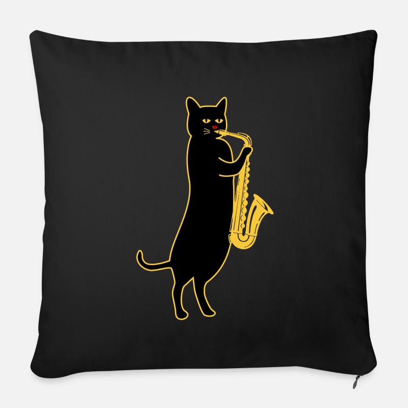 Chat saxophone - Housse de coussin décorative 45 x 45 cm - noir