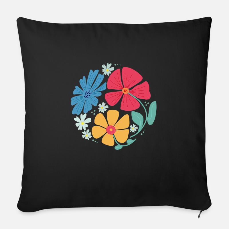 Sommerblumen in Kreisform - Sofakissenbezug 45 x 45 cm - Schwarz