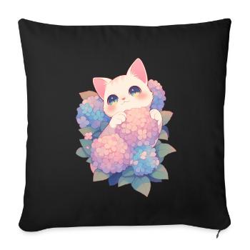Kawaii White Cat Hydrangeas Flowers Chibi Style - Sofa pillowcase 17,3'' x 17,3'' (45 x 45 cm) - black - Front