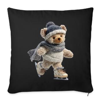 Teddy patiné sur glace avec écharpe et chapeau - Housse de coussin décorative 45 x 45 cm - noir - Devant