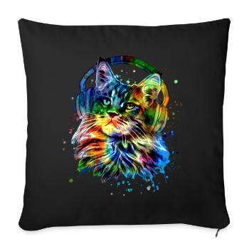 Cat with Headphones Watercolor Art - Sofa pillowcase 17,3'' x 17,3'' (45 x 45 cm) - black - Front