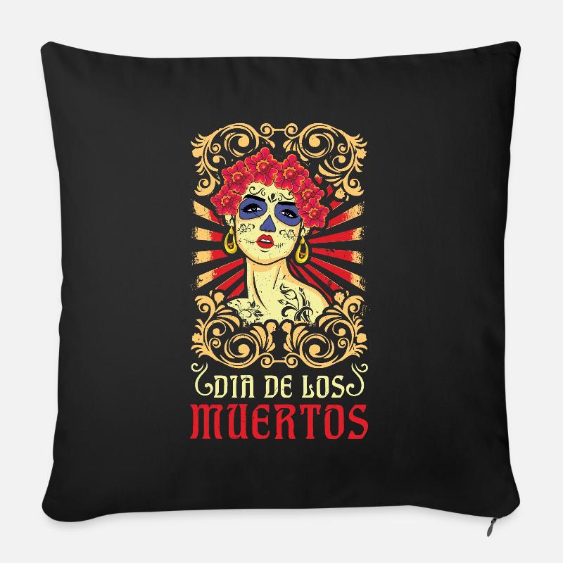 La Calavera Muertos floraux mexicains Jour des morts - Housse de coussin décorative 45 x 45 cm - noir