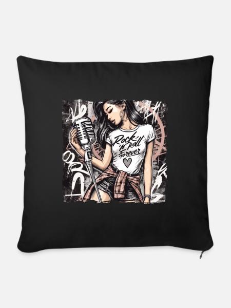 Rock n Roll voor altijd Vintage Meisje Rocknroll - Sierkussenhoes, 45 x 45 cm - zwart