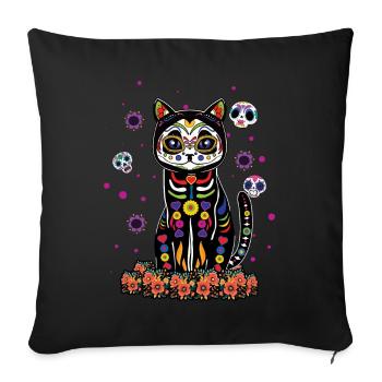 Chat Mexicain Floral Muertos Jour Des Morts Halloween - Housse de coussin décorative 45 x 45 cm - noir - Devant