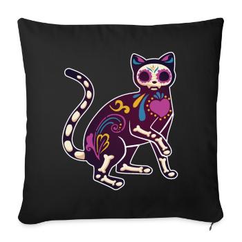 Chat Floral Squelette Muertos Jour Des Morts Halloween - Housse de coussin décorative 45 x 45 cm - noir - Devant