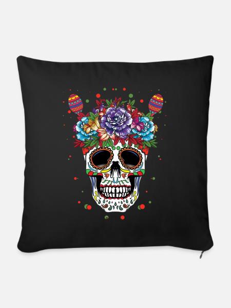 Bunte Totenkopf-Kunst Mit Blumen - Sofakissenbezug 45 x 45 cm - Schwarz