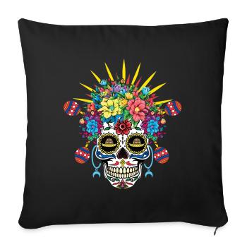 Crâne de fleurs colorées avec couronne de fleurs - Housse de coussin décorative 45 x 45 cm - noir - Devant