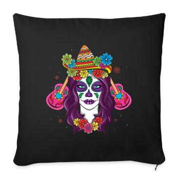 Calavera colorée avec fleurs et sombrero - Housse de coussin décorative 45 x 45 cm - noir - Devant