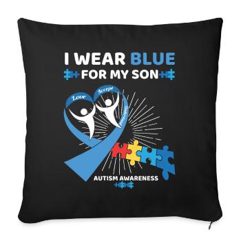 Je porte du bleu pour mon fils autiste - Housse de coussin décorative 45 x 45 cm - noir - Devant