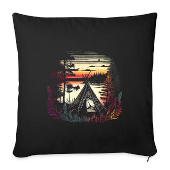 Paradise - Camping by the lake - Retro artwork - Sofa pillowcase 17,3'' x 17,3'' (45 x 45 cm) - black - Front
