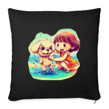 Puppy and girl playing in the water on the beach - Sofa pillowcase 17,3'' x 17,3'' (45 x 45 cm) - black - Front