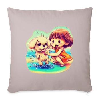 Chiot et fille jouant dans l’eau sur la plage - Housse de coussin décorative 45 x 45 cm - taupe clair - Devant