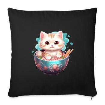 Kawaii Cat avec un bol de ramen - Housse de coussin décorative 45 x 45 cm - noir - Devant