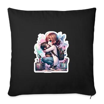 Une maman artiste étreignant son enfant après le travail - Housse de coussin décorative 45 x 45 cm - noir - Devant