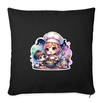 Une maman chef apprend à son enfant à cuisiner - Housse de coussin décorative 45 x 45 cm - noir - Devant