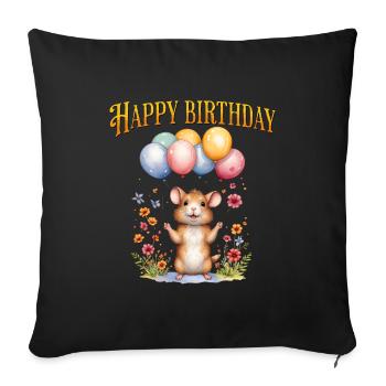 Joyeux anniversaire avec une souris mignonne et des ballons - Housse de coussin décorative 45 x 45 cm - noir - Devant