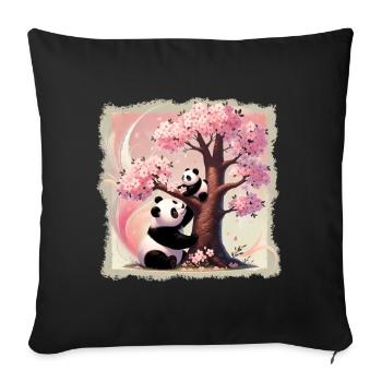 Mama und Baby-Pandas am Kirschbaum - Sofakissenbezug 45 x 45 cm - Schwarz - Vorne