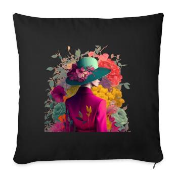 Model mit Hut und Blumen Geschenk - Sofakissenbezug 45 x 45 cm - Schwarz - Vorne