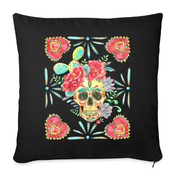 Crâne de sucre mexicain, cœur de cœur et cactus - Housse de coussin décorative 45 x 45 cm - noir - Devant