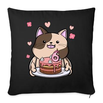 Chubby cat holds a birthday cake 6. - Sofa pillowcase 17,3'' x 17,3'' (45 x 45 cm) - black - Front