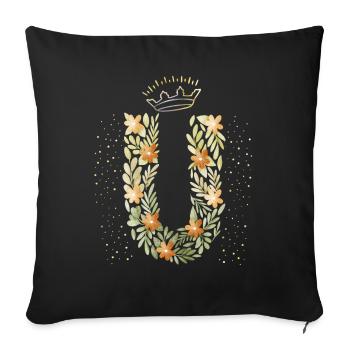 Monogram letter U with crown, floral ornament - Sofa pillowcase 17,3'' x 17,3'' (45 x 45 cm) - black - Front