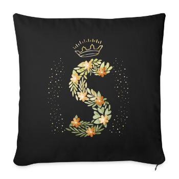 Monogram letter S with crown, floral ornament - Sofa pillowcase 17,3'' x 17,3'' (45 x 45 cm) - black - Front