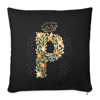 Monogram letter P with crown, floral ornament - Sofa pillowcase 17,3'' x 17,3'' (45 x 45 cm) - black - Front
