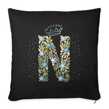 Monogram letter N with crown, floral ornament - Sofa pillowcase 17,3'' x 17,3'' (45 x 45 cm) - black - Front