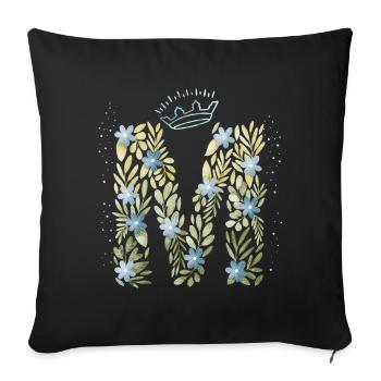 Monogram letter M with crown, floral ornament - Sofa pillowcase 17,3'' x 17,3'' (45 x 45 cm) - black - Front