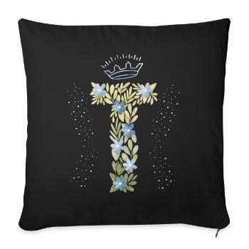 Monogram letter T with crown, floral ornament - Sofa pillowcase 17,3'' x 17,3'' (45 x 45 cm) - black - Front