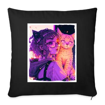 Anime Girl Katze Kätzchen Manga Ink Blume Neon - Sofakissenbezug 45 x 45 cm - Schwarz - Vorne