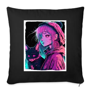 Anime Girl Katze Kätzchen Manga Ink Blume Neon - Sofakissenbezug 45 x 45 cm - Schwarz - Vorne