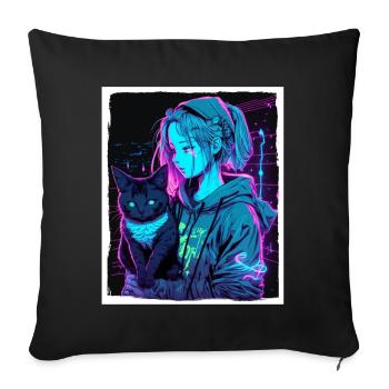 Anime Girl Katze Kätzchen Manga Ink Blume Neon - Sofakissenbezug 45 x 45 cm - Schwarz - Vorne