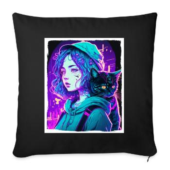 Anime Girl Katze Kätzchen Manga Ink Blume Neon - Sofakissenbezug 45 x 45 cm - Schwarz - Vorne