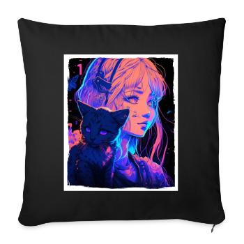 Anime Girl Katze Kätzchen Manga Ink Blume Neon - Sofakissenbezug 45 x 45 cm - Schwarz - Vorne