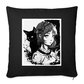Anime Girl Katze Kätzchen Manga Ink Blume Neon - Sofakissenbezug 45 x 45 cm - Schwarz - Vorne