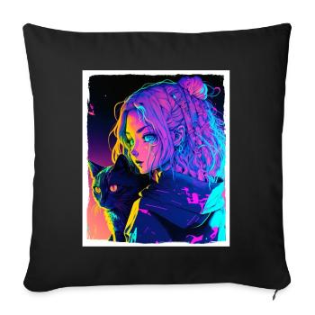Anime Girl Katze Kätzchen Manga Ink Blume Neon - Sofakissenbezug 45 x 45 cm - Schwarz - Vorne