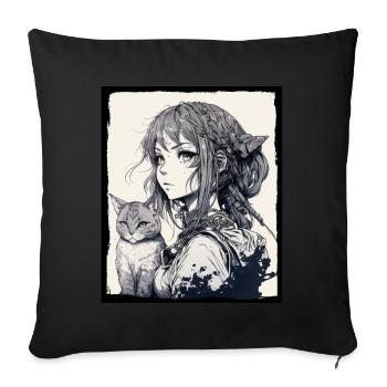 Anime Girl Katze Kätzchen Manga Ink Blume Neon - Sofakissenbezug 45 x 45 cm - Schwarz - Vorne