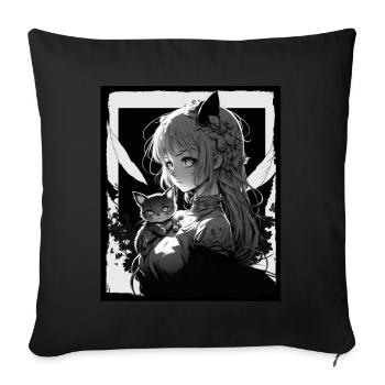 Anime Girl Katze Kätzchen Manga Ink Blume Neon - Sofakissenbezug 45 x 45 cm - Schwarz - Vorne