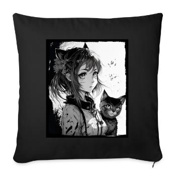 Anime Girl Cat Kitten Manga Ink Flower Neon - Sofa pillowcase 17,3'' x 17,3'' (45 x 45 cm) - black - Front